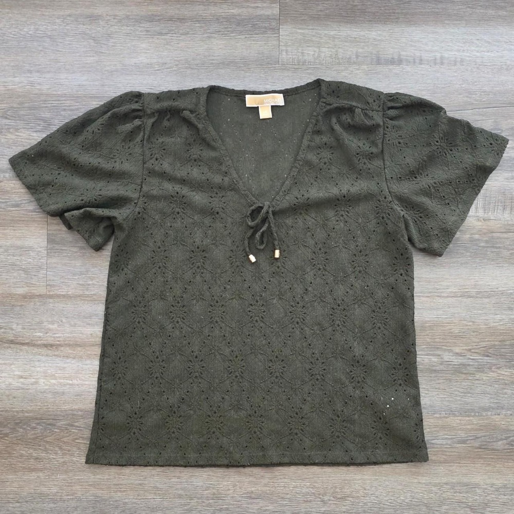 Michael Kors Olive Green Eyelet Tie Front Blouse Top Womens Large Boho Chic